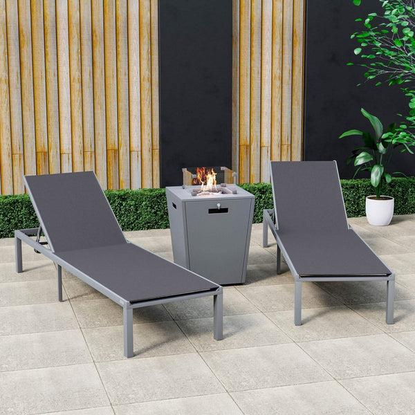 Leisure Mod Marlin Modern Gray Aluminum Outdoor Chaise Lounge Chair With Square Fire Pit Side Table Set Of 2