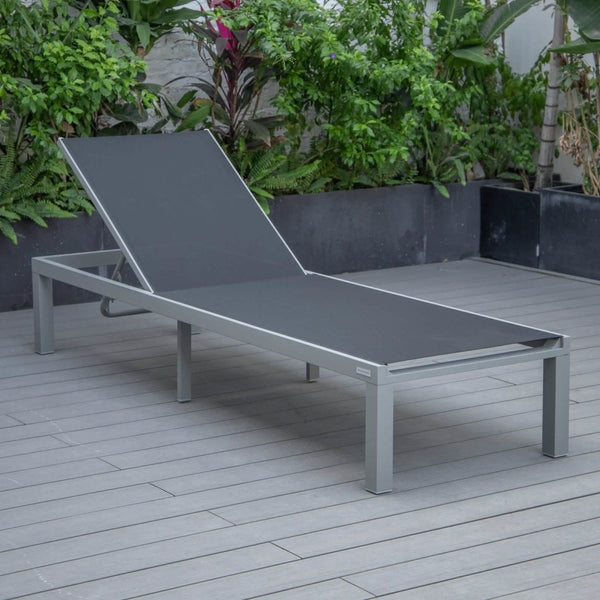 Leisure Mod Marlin Modern Gray Aluminum Outdoor Chaise Lounge Chair With Square Fire Pit Side Table Set Of 2