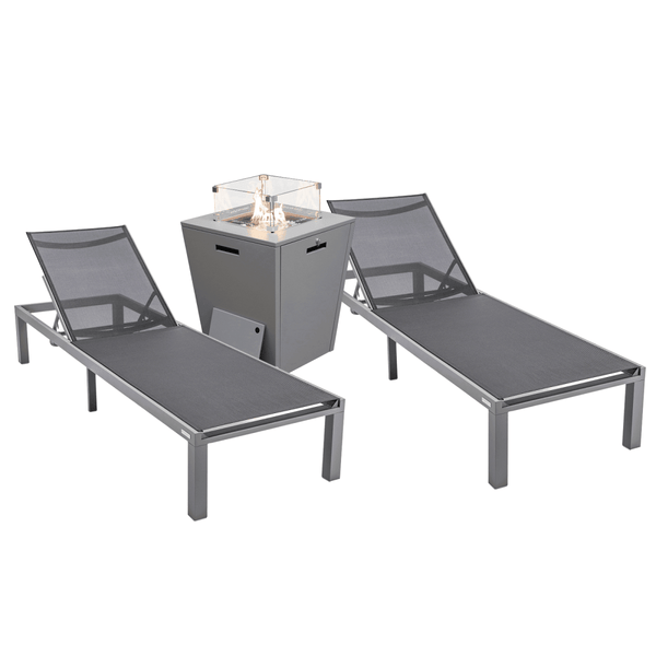 leisure mod Marlin Modern Gray Aluminum Outdoor Chaise Lounge Chair With Square Fire Pit Side Table Set of 2