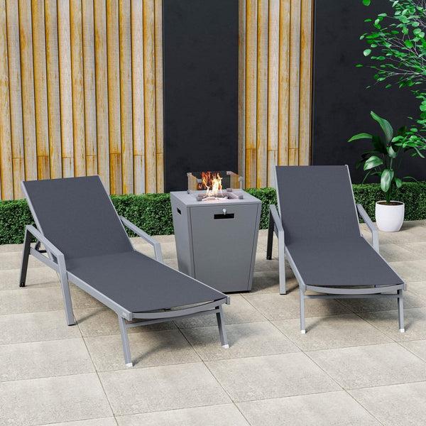 Leisure Mod Marlin Modern Grey Aluminum Outdoor Chaise Lounge Chair Set Of 2 With Arms And Square Fire Pit Side Table For Patio