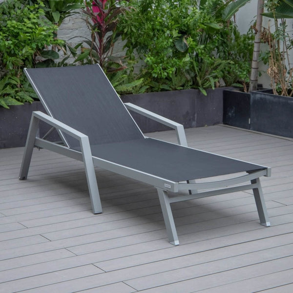 Leisure Mod Marlin Modern Grey Aluminum Outdoor Chaise Lounge Chair Set Of 2 With Arms And Square Fire Pit Side Table For Patio