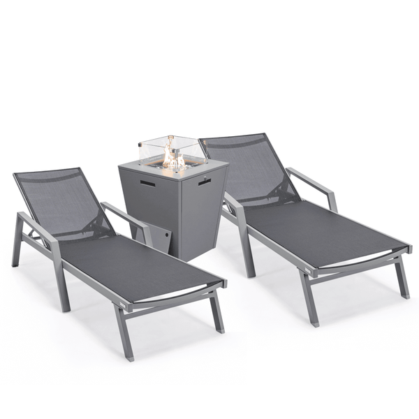 leisure mod Marlin Modern Grey Aluminum Outdoor Chaise Lounge Chair Set of 2 With Arms and Square Fire Pit Side Table for Patio