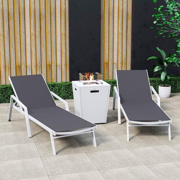Leisure Mod Marlin Modern White Aluminum Outdoor Chaise Lounge Chair Set Of 2 With Arms And Square Fire Pit Side Table For Patio
