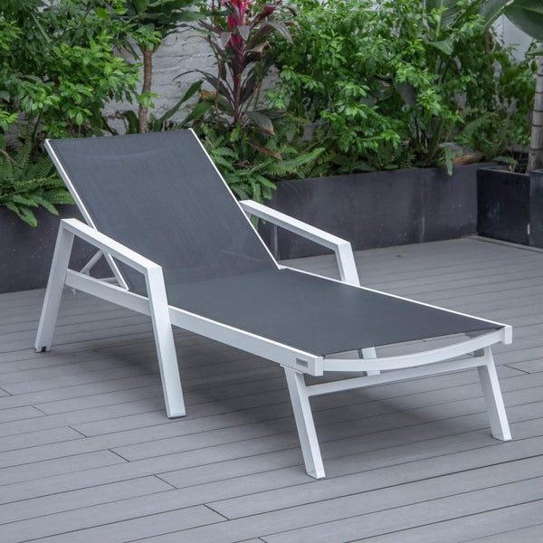 Leisure Mod Marlin Modern White Aluminum Outdoor Chaise Lounge Chair Set Of 2 With Arms And Square Fire Pit Side Table For Patio