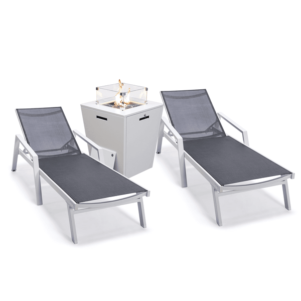 leisure mod Marlin Modern White Aluminum Outdoor Chaise Lounge Chair Set of 2 With Arms And Square Fire Pit Side Table for Patio leisure mod Marlin Modern White Aluminum Outdoor Chaise Lounge Chair Set of 2 With Arms And Square Fire Pit Side Table for Patio