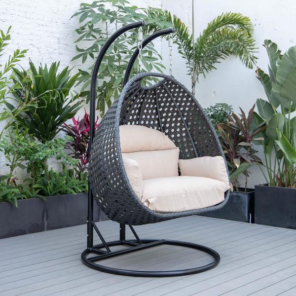 Leisure Mod Mendoza 2-Person Wicker Hanging Egg Swing Chair With Removable Cushions And Iron Base