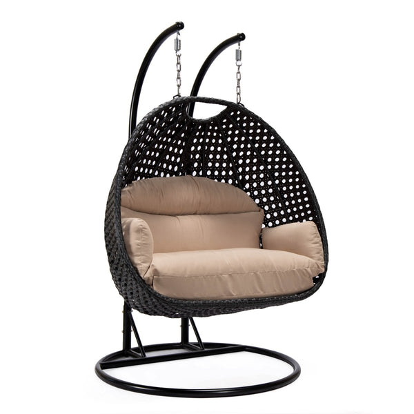 leisure mod Mendoza 2-Person Wicker Hanging Egg Swing Chair with Removable Cushions and Iron Base