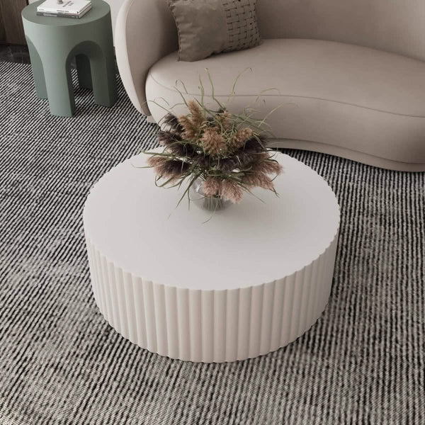Leisure Mod Milena 42" Round White Fiberstone Coffee Table With Fluted Base – Indoor/Outdoor