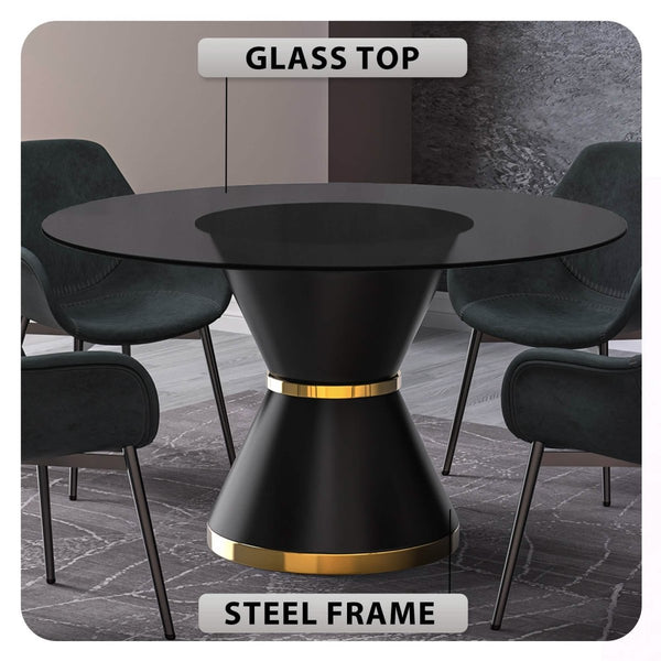 Leisure Mod Modern Round Dining Table With A Glass/Stone Tabletop In Stainless Steel Seats 6-10 Qorvus Collection