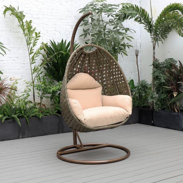 Leisure Mod Modern Wicker Hanging Single Seating Egg Swing Chair In Beige/Charcoal/White Frame With Cushions