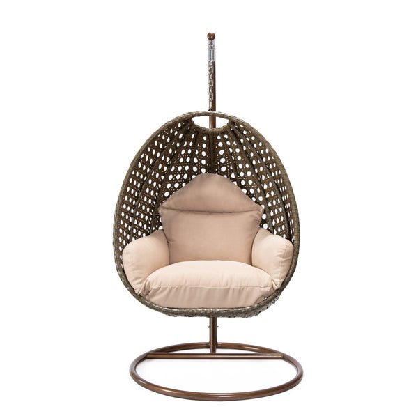 Leisure Mod Modern Wicker Hanging Single Seating Egg Swing Chair In Beige/Charcoal/White Frame With Cushions