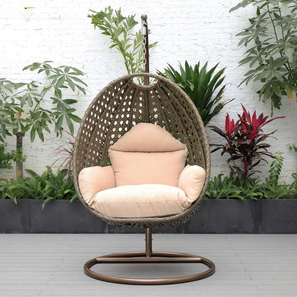 Leisure Mod Modern Wicker Hanging Single Seating Egg Swing Chair In Beige/Charcoal/White Frame With Cushions