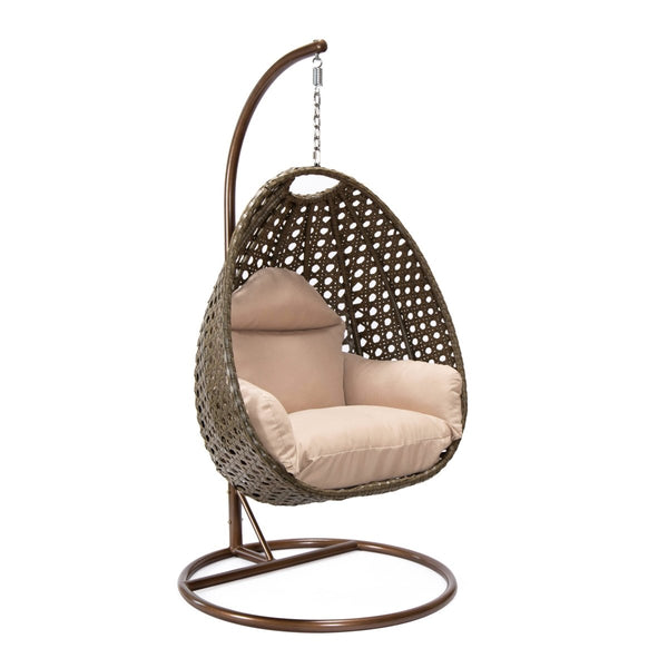 leisure mod Modern Wicker Hanging Single Seating Egg Swing Chair in Beige/Charcoal/White Frame With Cushions