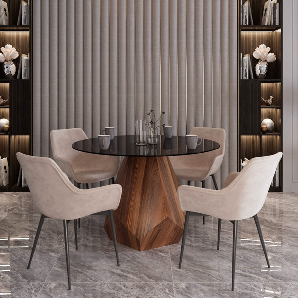 Leisure Mod Nebo Modern Dining Table In Walnut Base With Glass/Sintered Stone Table Top
