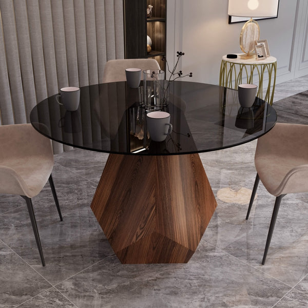 Leisure Mod Nebo Modern Dining Table In Walnut Base With Glass/Sintered Stone Table Top