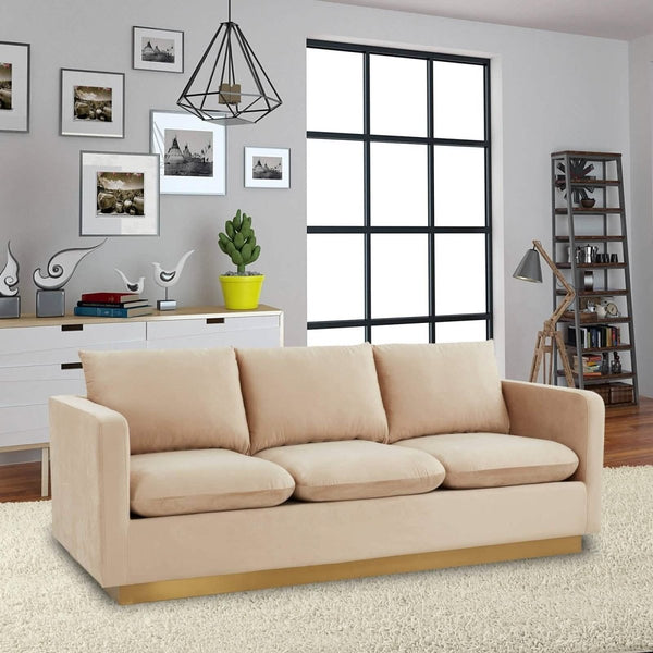 Leisure Mod Nervo 3-Seater Velvet/Leather Full Sofa With Gold Stainless Steel Base