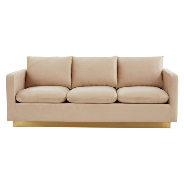 Leisure Mod Nervo 3-Seater Velvet/Leather Full Sofa With Gold Stainless Steel Base