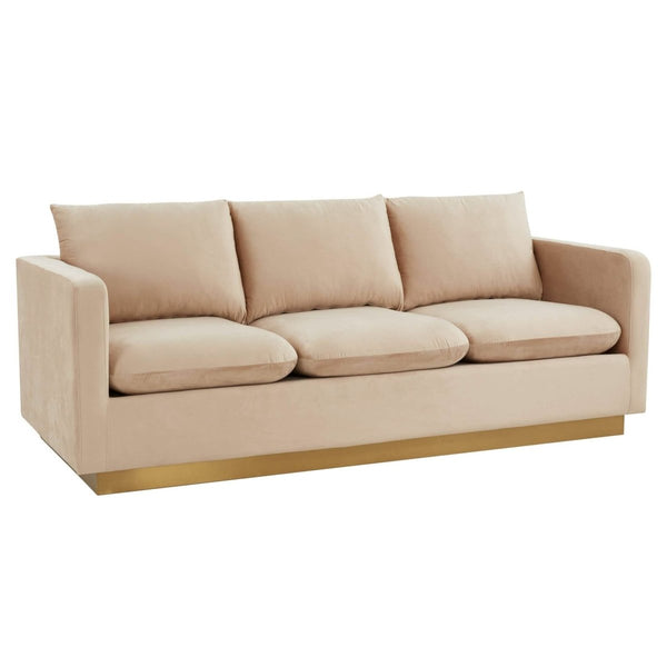 leisure mod Nervo 3-Seater Velvet/Leather Full Sofa with Gold Stainless Steel Base