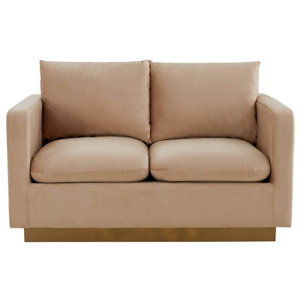 Leisure Mod Nervo Upholstered Velvet/Leather Loveseat With Gold Stainless Steel Base