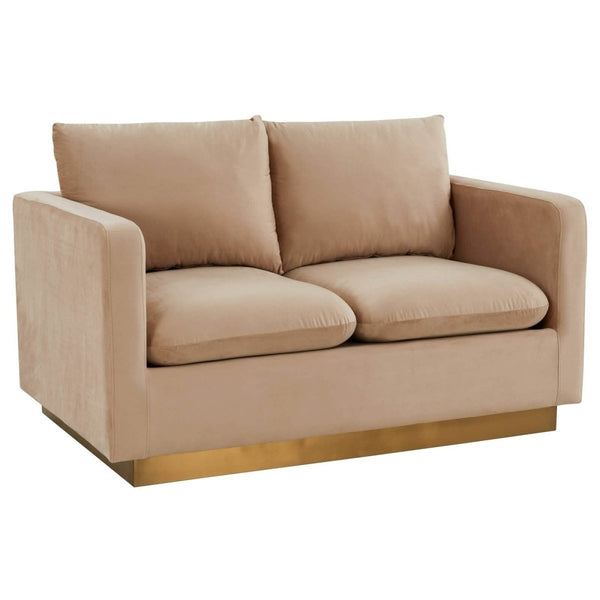 leisure mod Nervo Upholstered Velvet/Leather Loveseat with Gold Stainless Steel Base