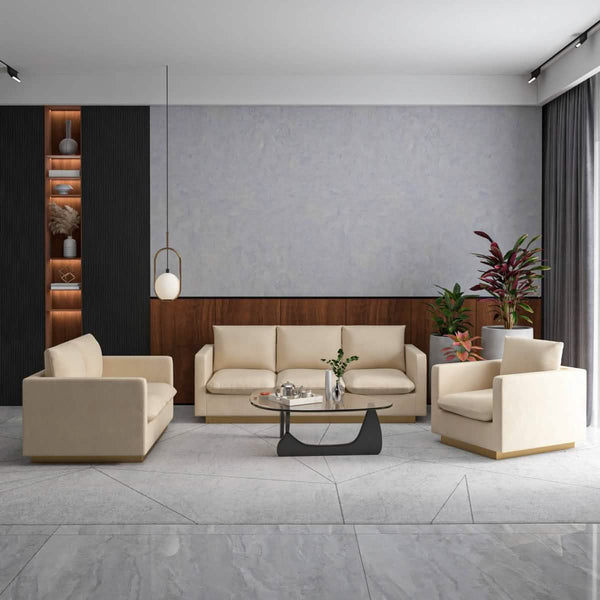 Leisure Mod Nervo Velvet/Leather 3-Piece Living Room Sofa Set With Gold Frame And Removable Cushions