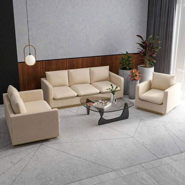 Leisure Mod Nervo Velvet/Leather 3-Piece Living Room Sofa Set With Gold Frame And Removable Cushions