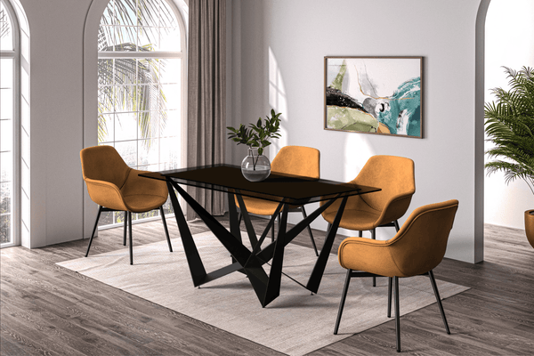 Leisure Mod Nuvor Dining Table With Rectangular Sintered Stone/Glass Tabletop And Black Steel Legs
