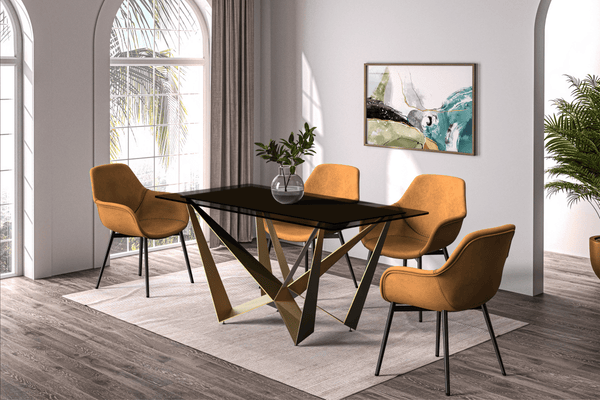 Leisure Mod Nuvor Dining Table With Rectangular Sintered Stone/Glass Tabletop And Gold Steel Legs