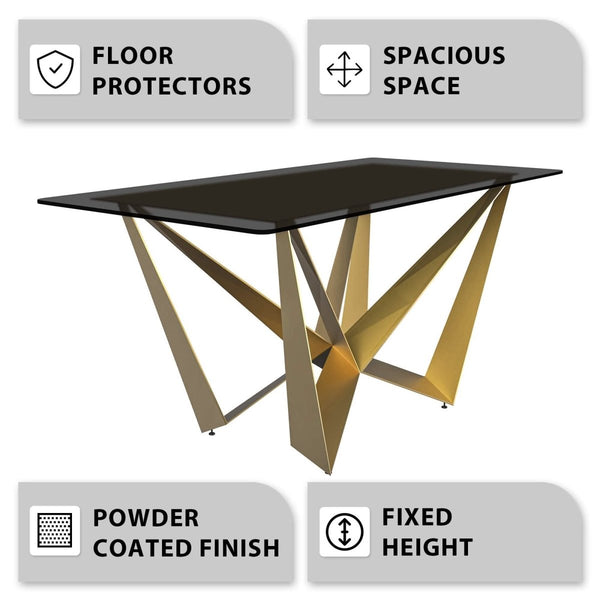 Leisure Mod Nuvor Dining Table With Rectangular Sintered Stone/Glass Tabletop And Gold Steel Legs