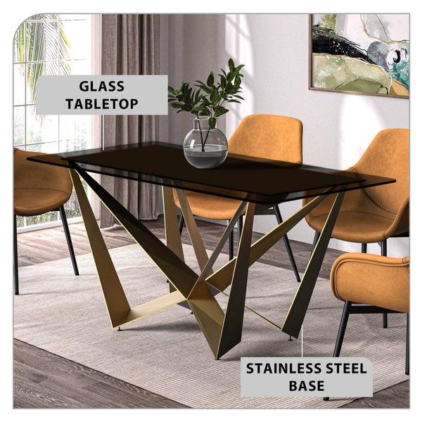 Leisure Mod Nuvor Dining Table With Rectangular Sintered Stone/Glass Tabletop And Gold Steel Legs