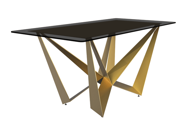 leisure mod Nuvor Dining Table with Rectangular Sintered Stone/Glass Tabletop and Gold Steel Legs