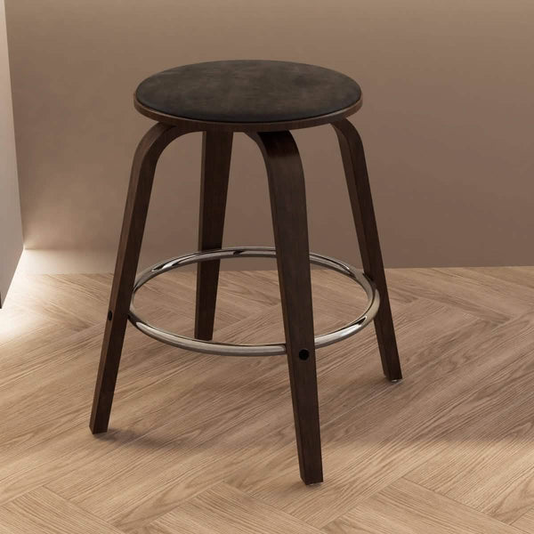 Leisure Mod Pelya Modern Swivel Counter Stool Upholstered In Leather With Chrome Iron Footrest