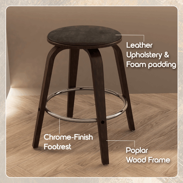 Leisure Mod Pelya Modern Swivel Counter Stool Upholstered In Leather With Chrome Iron Footrest