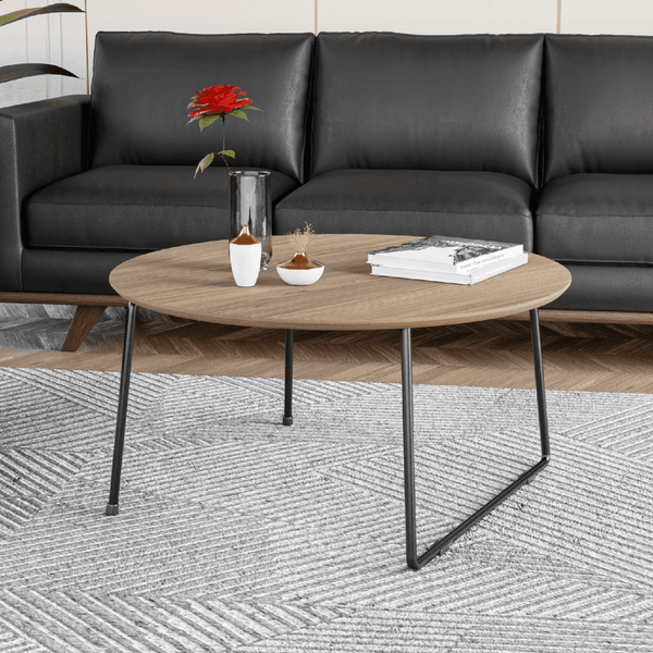 Leisure Mod Pemborke Round Coffee Table With Oak Wood Tabletop In Iron