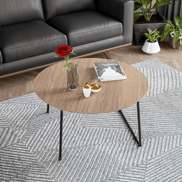 Leisure Mod Pemborke Round Coffee Table With Oak Wood Tabletop In Iron