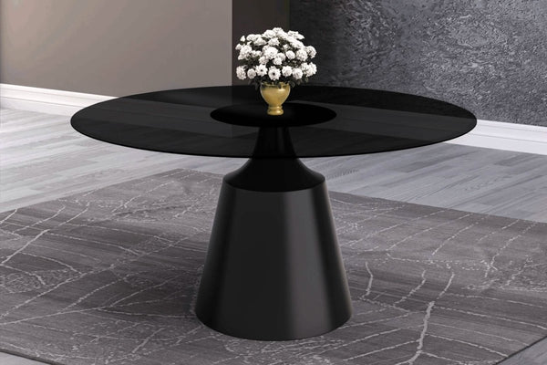 Leisure Mod Prynn Modern Round Dining Table With A Sintered Stone/Glass Top In Black Stainless Steel Base