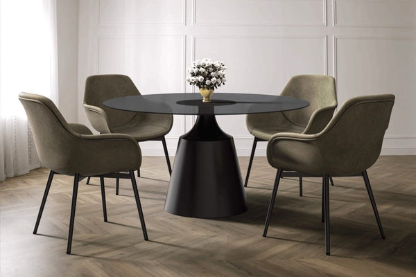 Leisure Mod Prynn Modern Round Dining Table With A Sintered Stone/Glass Top In Black Stainless Steel Base