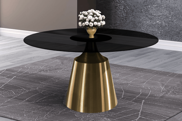 Leisure Mod Prynn Modern Round Dining Table With Sintered Stone/Glass Top In Gold Stainless Steel Base