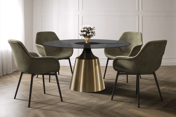 Leisure Mod Prynn Modern Round Dining Table With Sintered Stone/Glass Top In Gold Stainless Steel Base