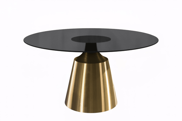 leisure mod Prynn Modern Round Dining Table with Sintered Stone/Glass Top in Gold Stainless Steel Base