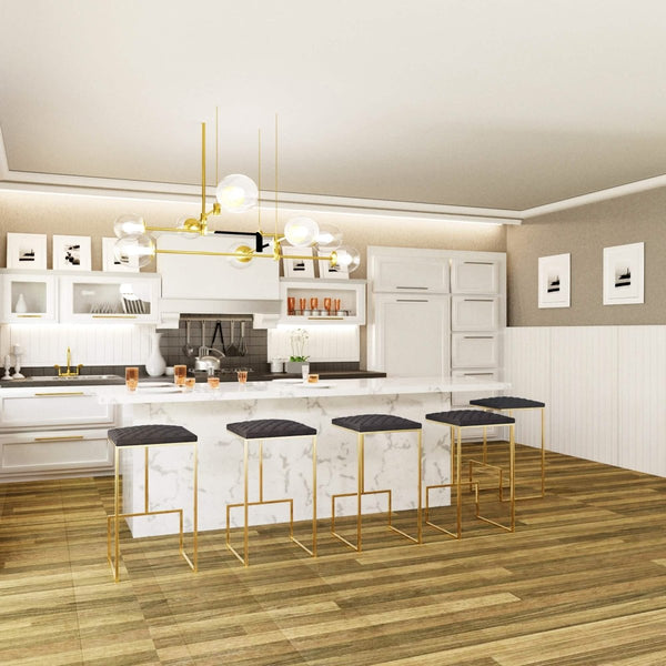 Leisure Mod Quincy Quilted Stitched Leather Bar Stools With Gold/Black Metal Frame