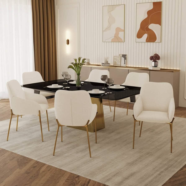 Leisure Mod Quinix 7-Piece Dining Set With Rectangular Glass Dining Table And 6 Upholstered Dining Arm Chairs