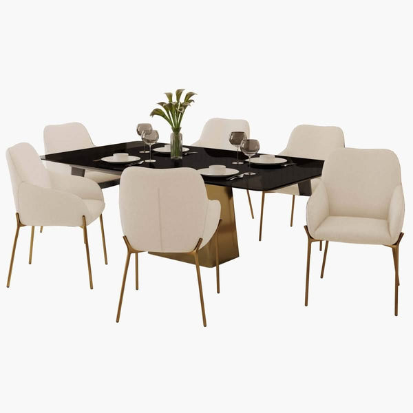 leisure mod Quinix 7-Piece Dining Set with Rectangular Glass Dining Table and 6 Upholstered Dining Arm Chairs