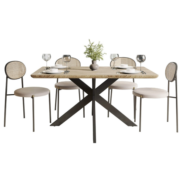 leisure mod Ravenna 5-Piece Dining Set with 63" Rectangular Dining Table in Maple with 4 Velvet Dining Chairs in Black Steel Legs