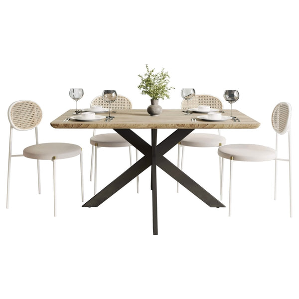 leisure mod Ravenna 5-Piece Dining Set with 63" Rectangular Dining Table in Maple with 4 Velvet Dining Chairs in White Steel Legs