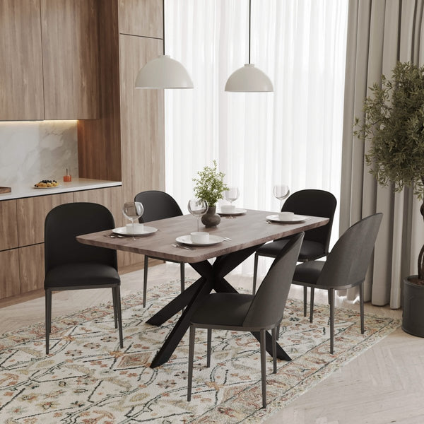 Leisure Mod Ravenna 6-Piece Dining Set With 63" Rectangular Dining Table In Rustic Grey And 5 Leather Dining Chairs