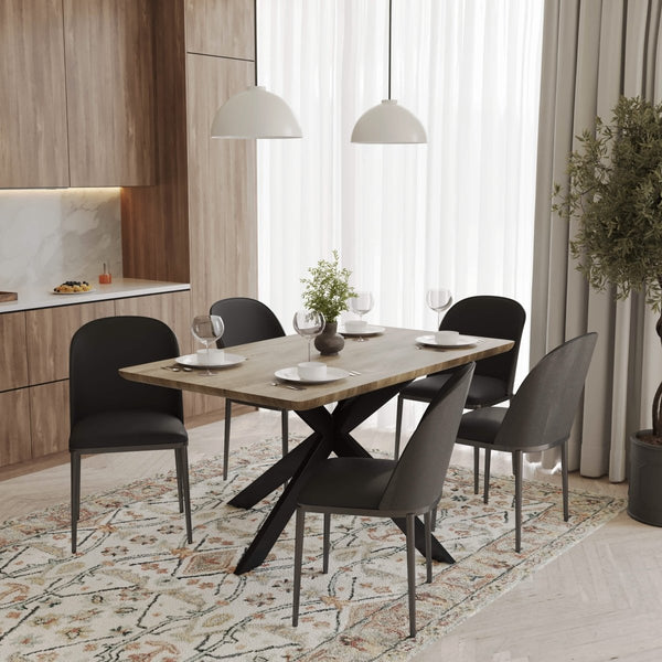 Leisure Mod Ravenna 6-Piece Dining Set With 63" Rectangular Dining Table In Natural Wood MDF And 5 Leather/Fabric/Suede Fabric Dining Chairs