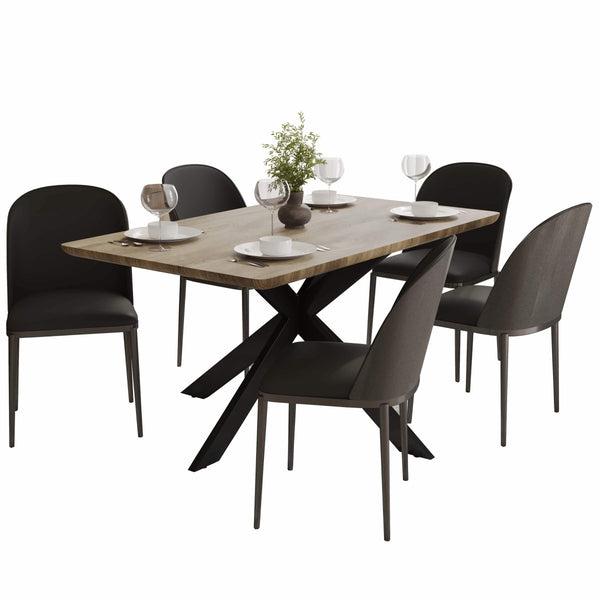 leisure mod Ravenna 6-Piece Dining Set with 63" Rectangular Dining Table in Natural Wood MDF and 5 Leather/Fabric/Suede Fabric Dining Chairs