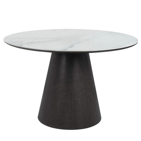 Leisure Mod Riven 47" Round Dining Table With Sintered Stone Top And Ash Wood Veneer Base