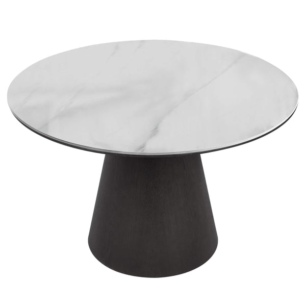 leisure mod Riven 47" Round Dining Table with Sintered Stone Top and Ash Wood Veneer Base